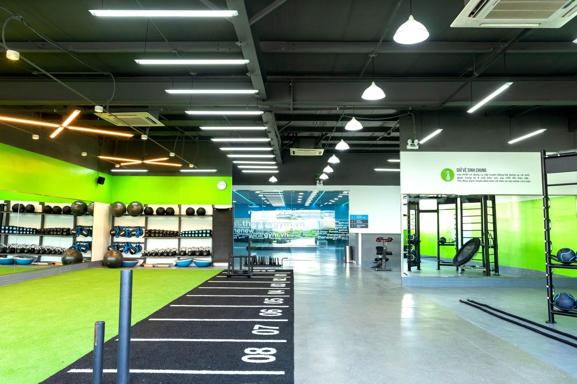 Nội thất hiện đại của The New Gym với sàn xanh và thiết bị chất lượng cao